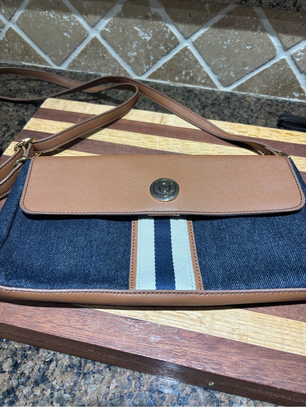 Tommy Hilfiger  Denim and Tan Crossbody with Navy Stripe